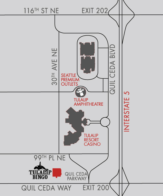 A map showing the location of Tulalip Bingo just off of I-5 near Marysville and just north of Seattle (small image)