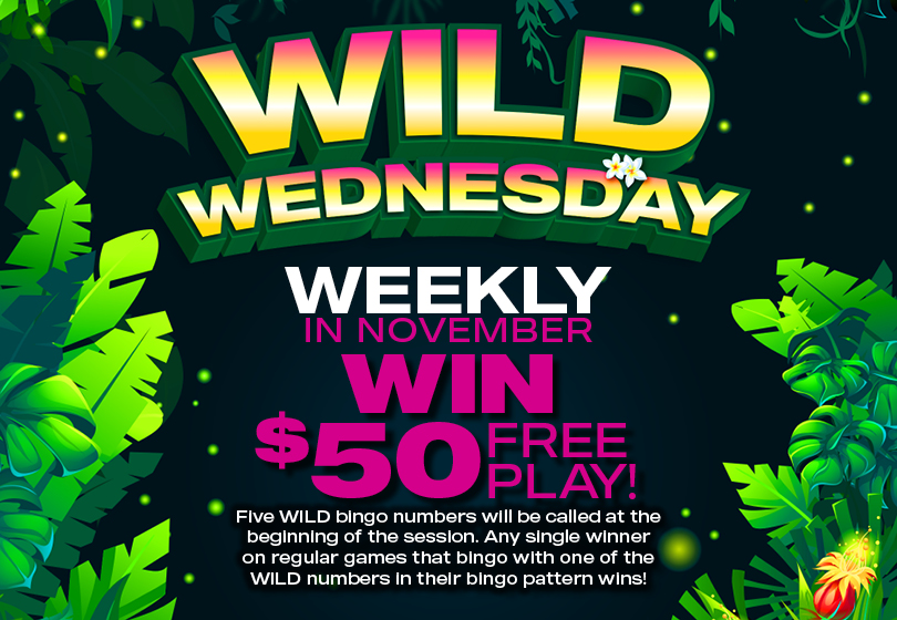 Tulalip Bingo promotion Wild Wednesday – Wednesdays in November. Five WILD bingo numbers will be called at the beginning of the bingo session. 